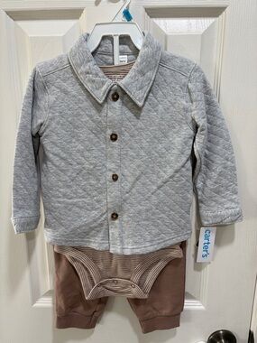 Carter's Gray Quilted Jacket with Brown Striped Bodysuit Set
